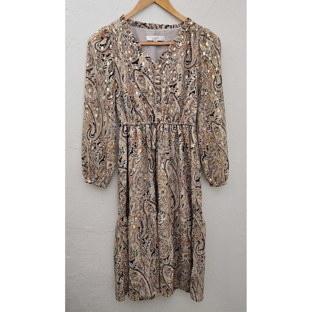 LOFT Dress Lined Women's Size XSP Petite Multi Color Floral Paisley‎ Long Sleeve